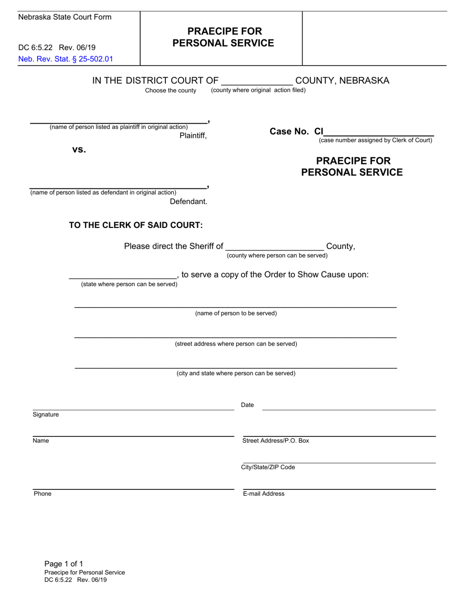 Form DC6:5.22 Praecipe for Personal Service - Nebraska, Page 1