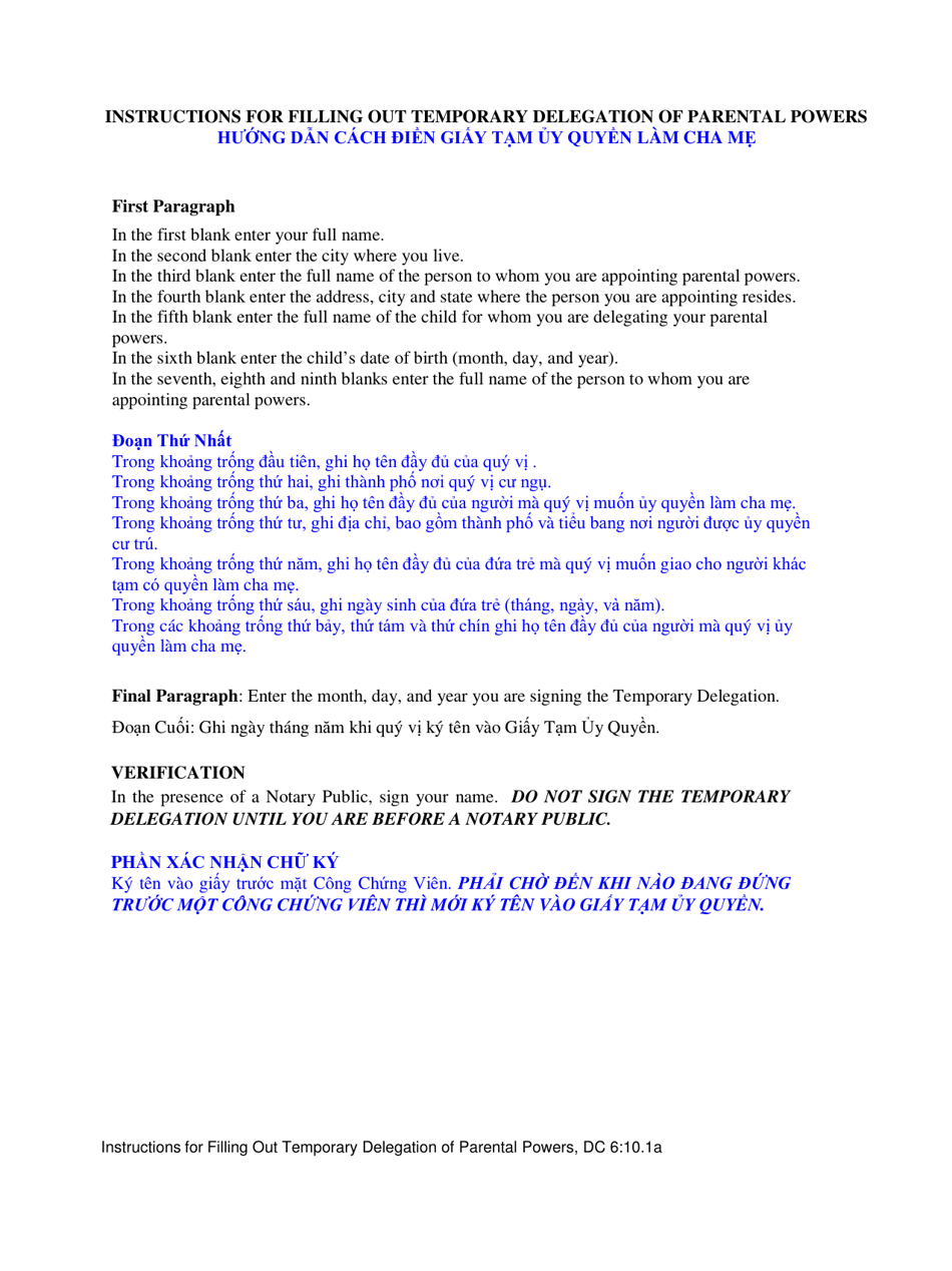 Instructions for Form DC6:10.1 Temporary Delegation of Parental Powers - Nebraska (English / Vietnamese), Page 1