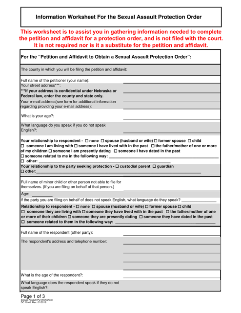 Form DC19:40 Information Worksheet for the Sexual Assault Protection Order - Nebraska