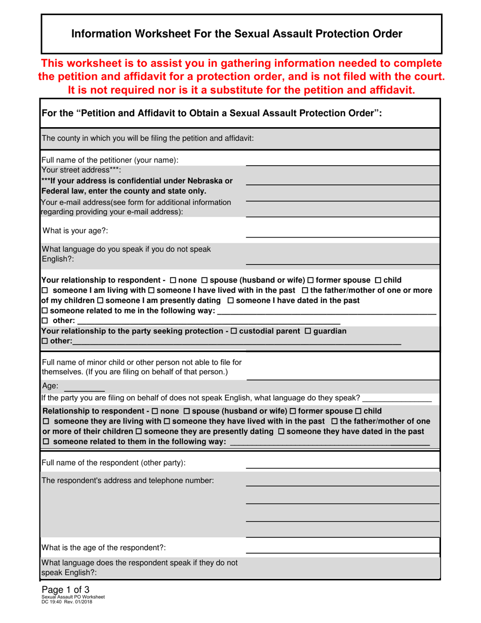 Form DC19:40 Information Worksheet for the Sexual Assault Protection Order - Nebraska, Page 1