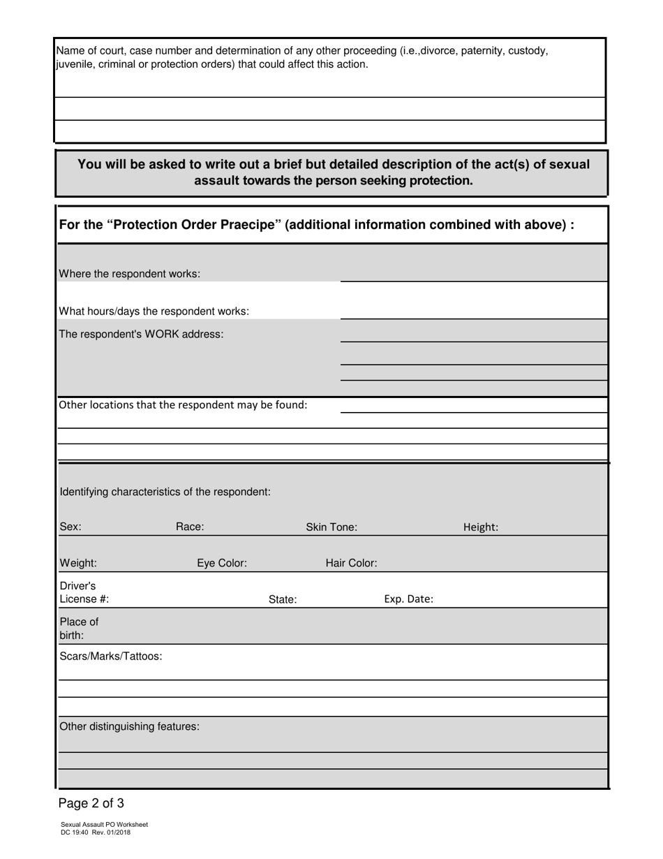 Form DC19:40 Information Worksheet for the Sexual Assault Protection Order - Nebraska, Page 2