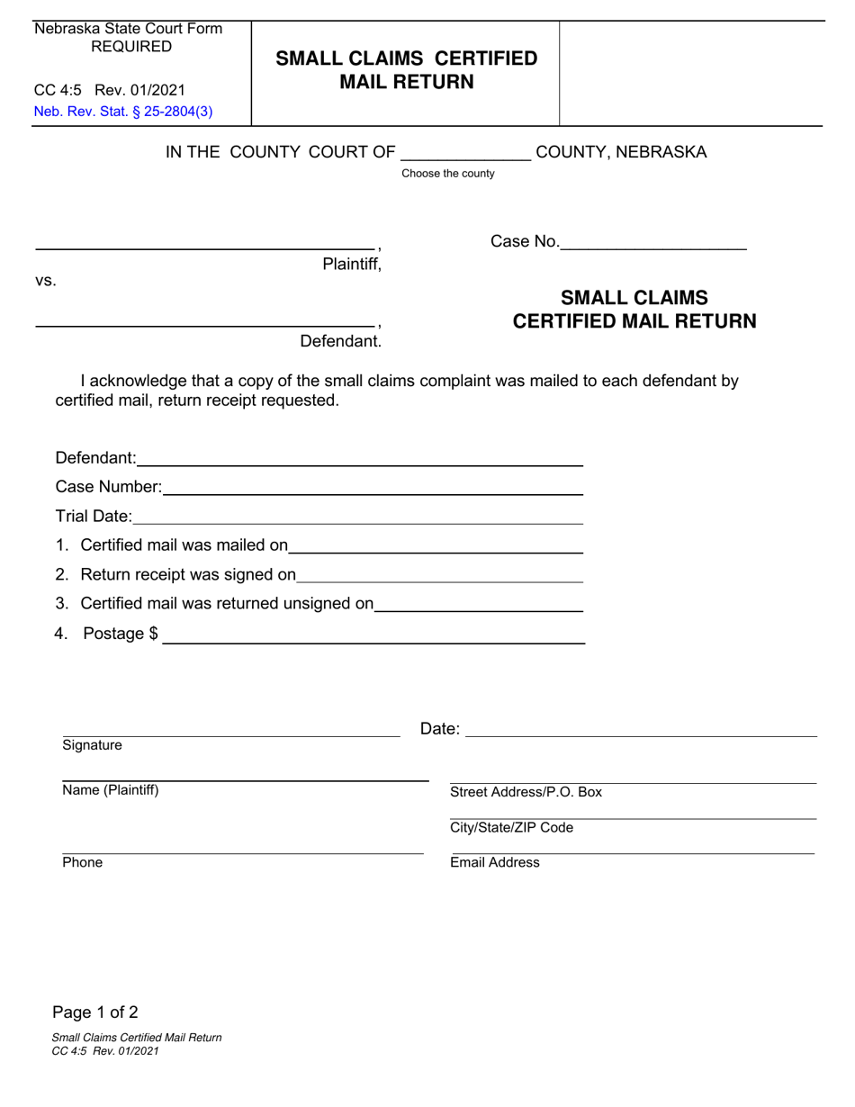 Form CC4:5 Small Claims Certified Mail Return - Nebraska, Page 1