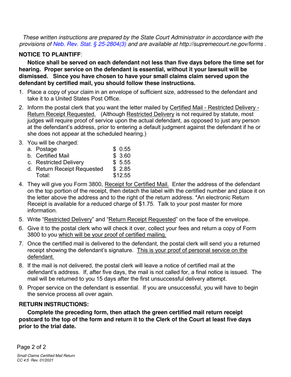 Form CC4:5 Small Claims Certified Mail Return - Nebraska, Page 2