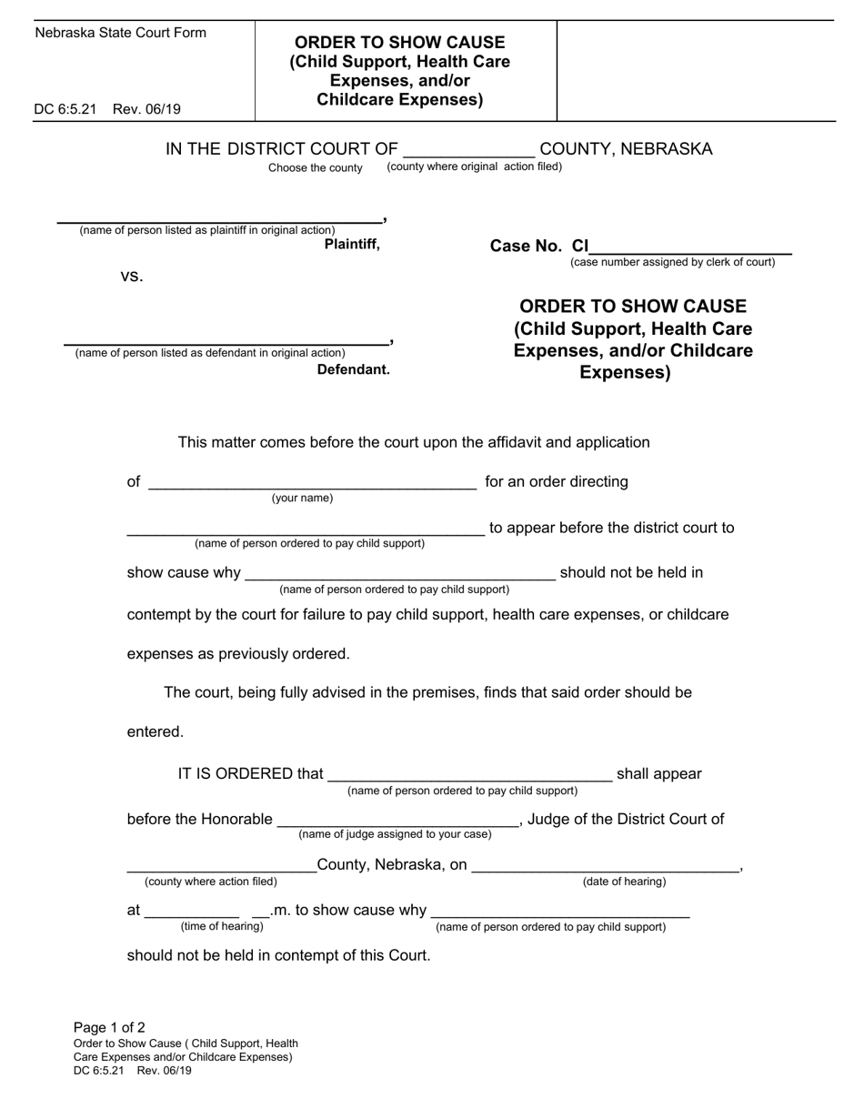 Form DC6:5.21 Order to Show Cause (Child Support, Health Care Expenses, and / or Childcare Expenses) - Nebraska, Page 1