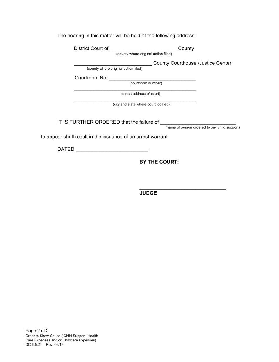 Form DC6:5.21 Order to Show Cause (Child Support, Health Care Expenses, and / or Childcare Expenses) - Nebraska, Page 2