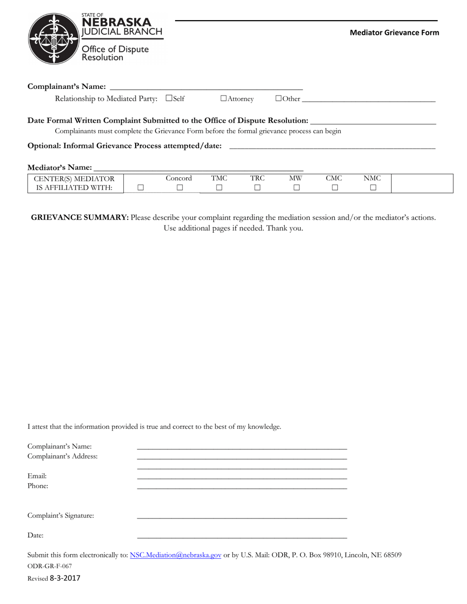 Form ODR-GR-F-067 Mediator Grievance Form - Nebraska, Page 1