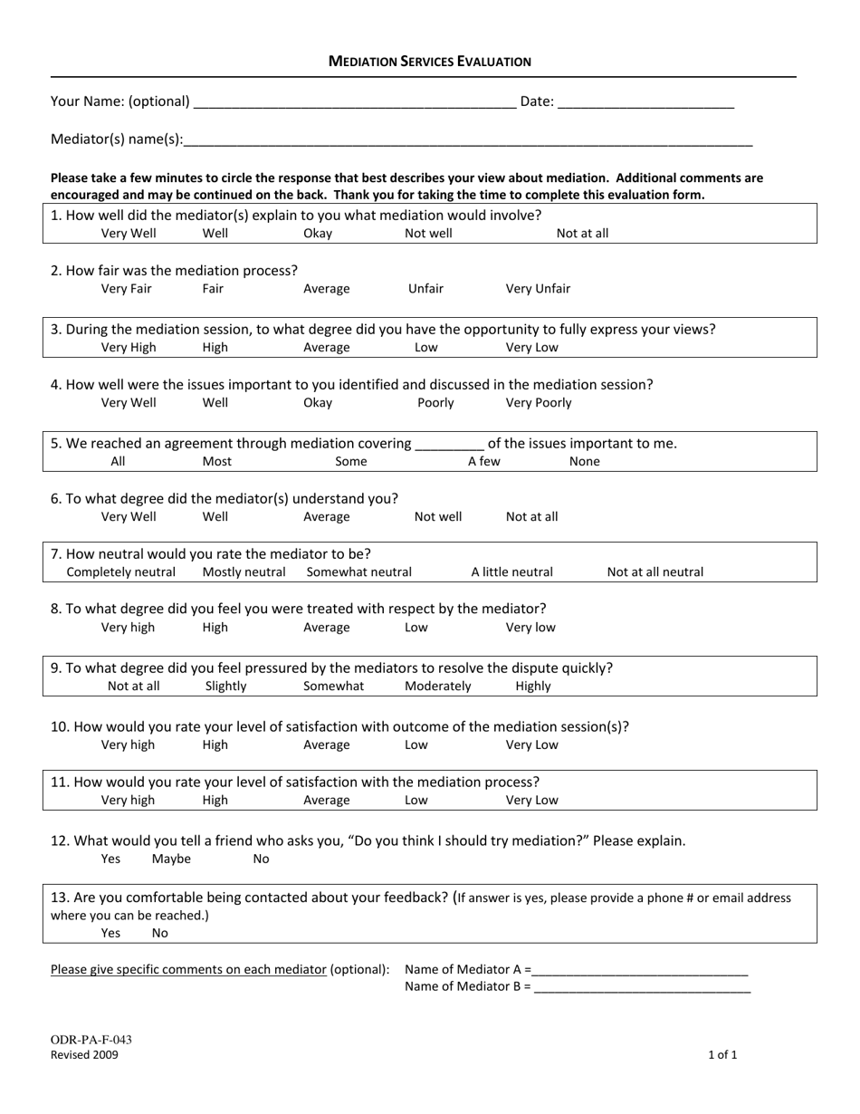 Form ODR-PA-F-043 Mediation Services Evaluation - Nebraska, Page 1
