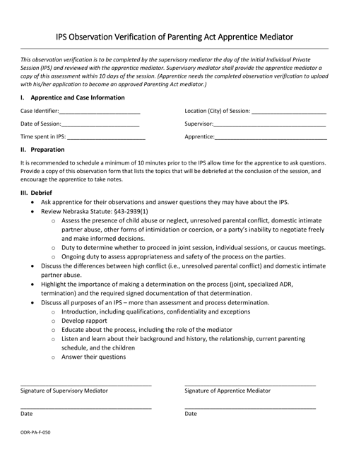 Form ODR-PA-F-050 Ips Observation Verification of Parenting Act Apprentice Mediator - Nebraska