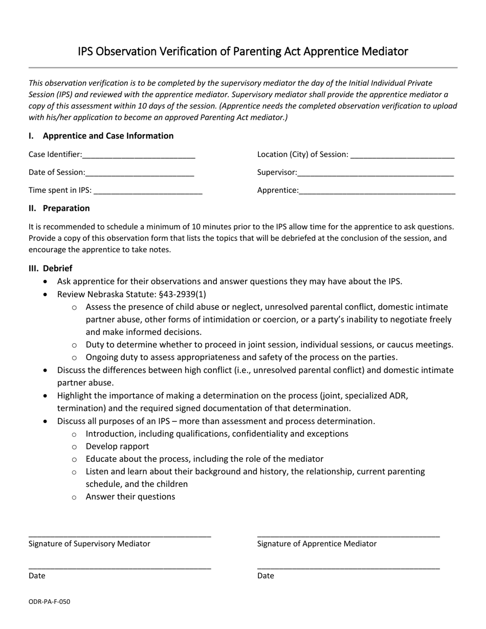 Form ODR-PA-F-050 Ips Observation Verification of Parenting Act Apprentice Mediator - Nebraska, Page 1