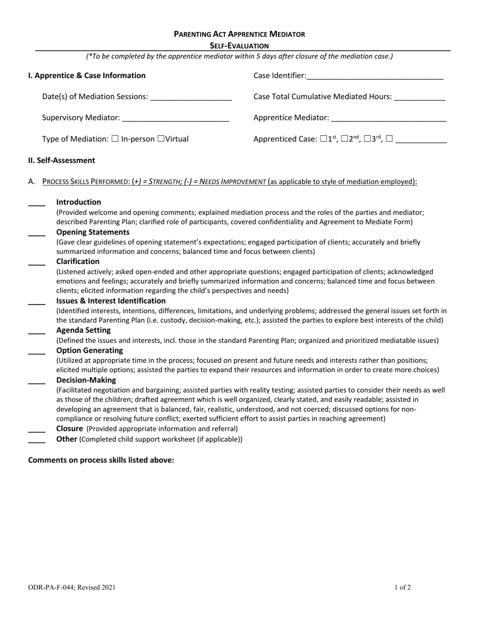 Form ODR-PA-F-044 Parenting Act Apprentice Mediator Self-evaluation - Nebraska, Page 1