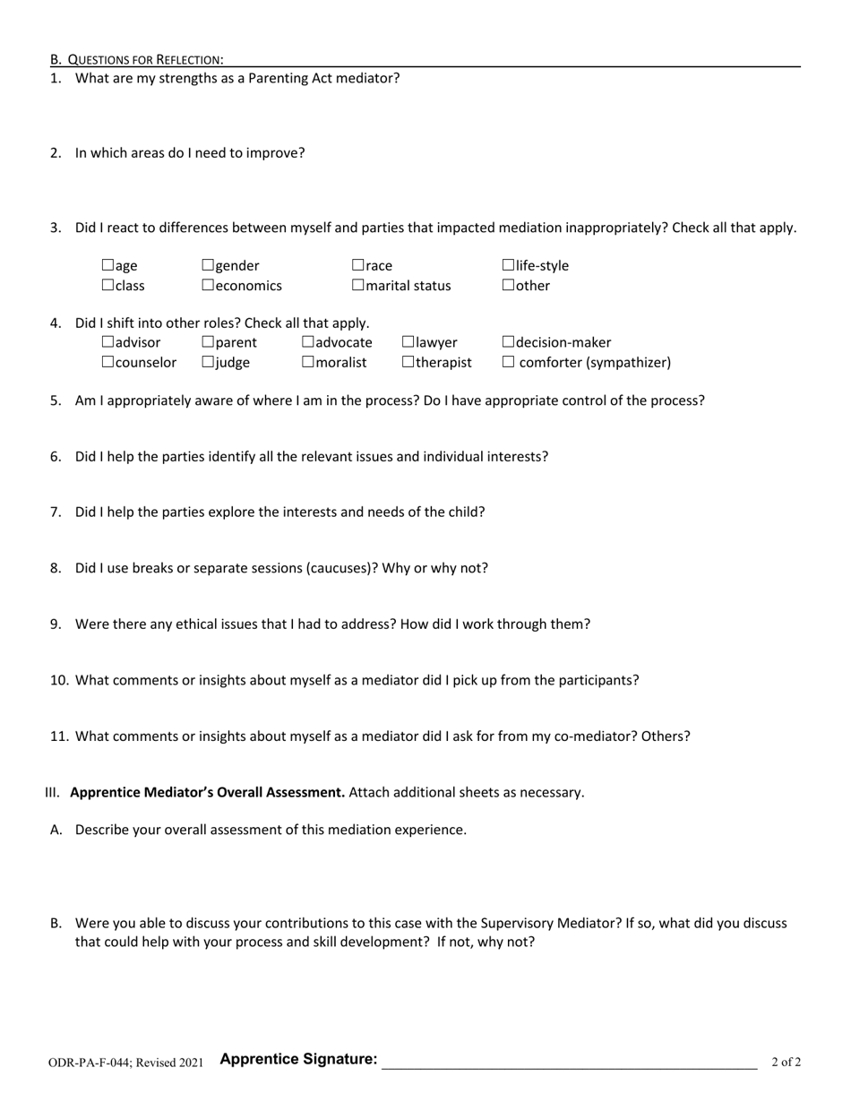 Form ODR-PA-F-044 Parenting Act Apprentice Mediator Self-evaluation - Nebraska, Page 2