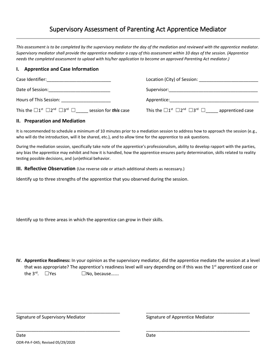 Form ODR-PA-F-045 Supervisory Assessment of Parenting Act Apprentice Mediator - Nebraska, Page 1