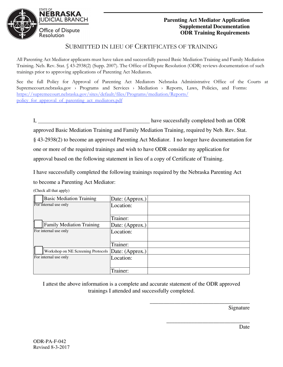 Form ODR-PA-F-042 Submitted in Lieu of Certificates of Training - Nebraska, Page 1