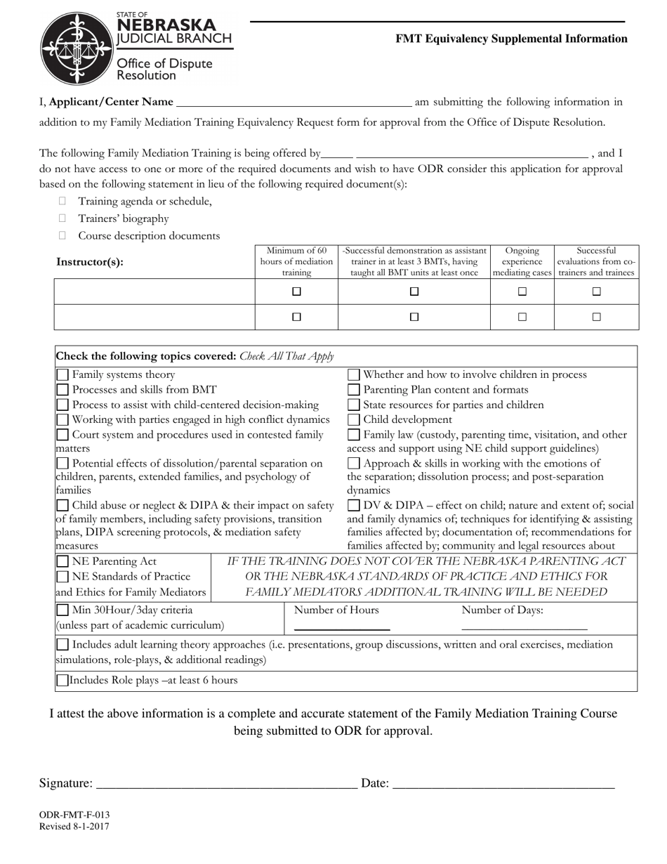 Form ODR-FMT-F-013 Fmt Equivalency Supplemental Information - Nebraska, Page 1