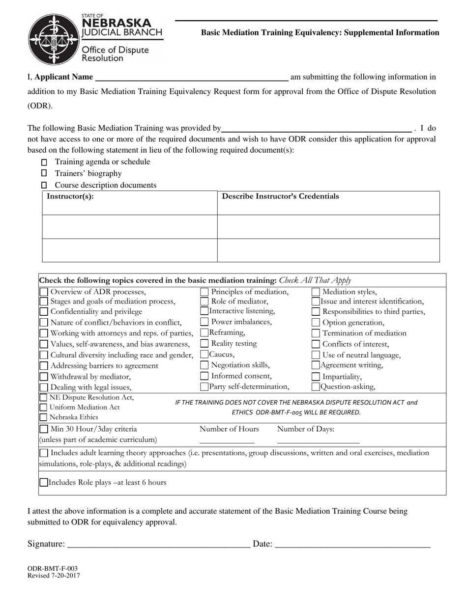 Form ODR-BMT-F-003 Basic Mediation Training Equivalency: Supplemental Information - Nebraska, Page 1