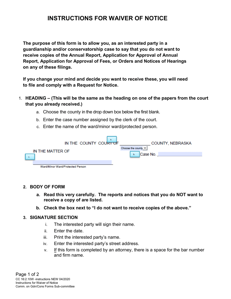 Instructions for Form CC16:2.10W Waiver of Notice - Nebraska, Page 1