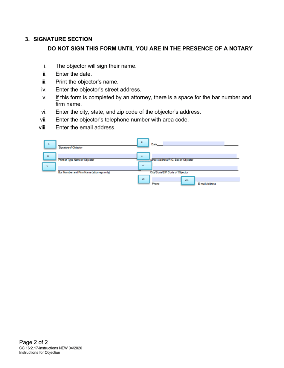 Instructions for Form CC16:2.17 Objection - Nebraska, Page 2