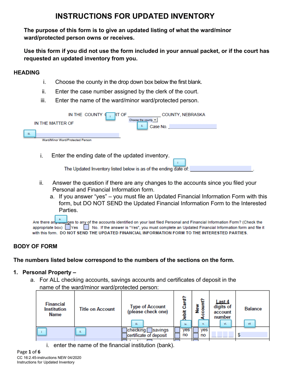 Instructions for Form CC16:2.45 Updated Inventory - Nebraska, Page 1