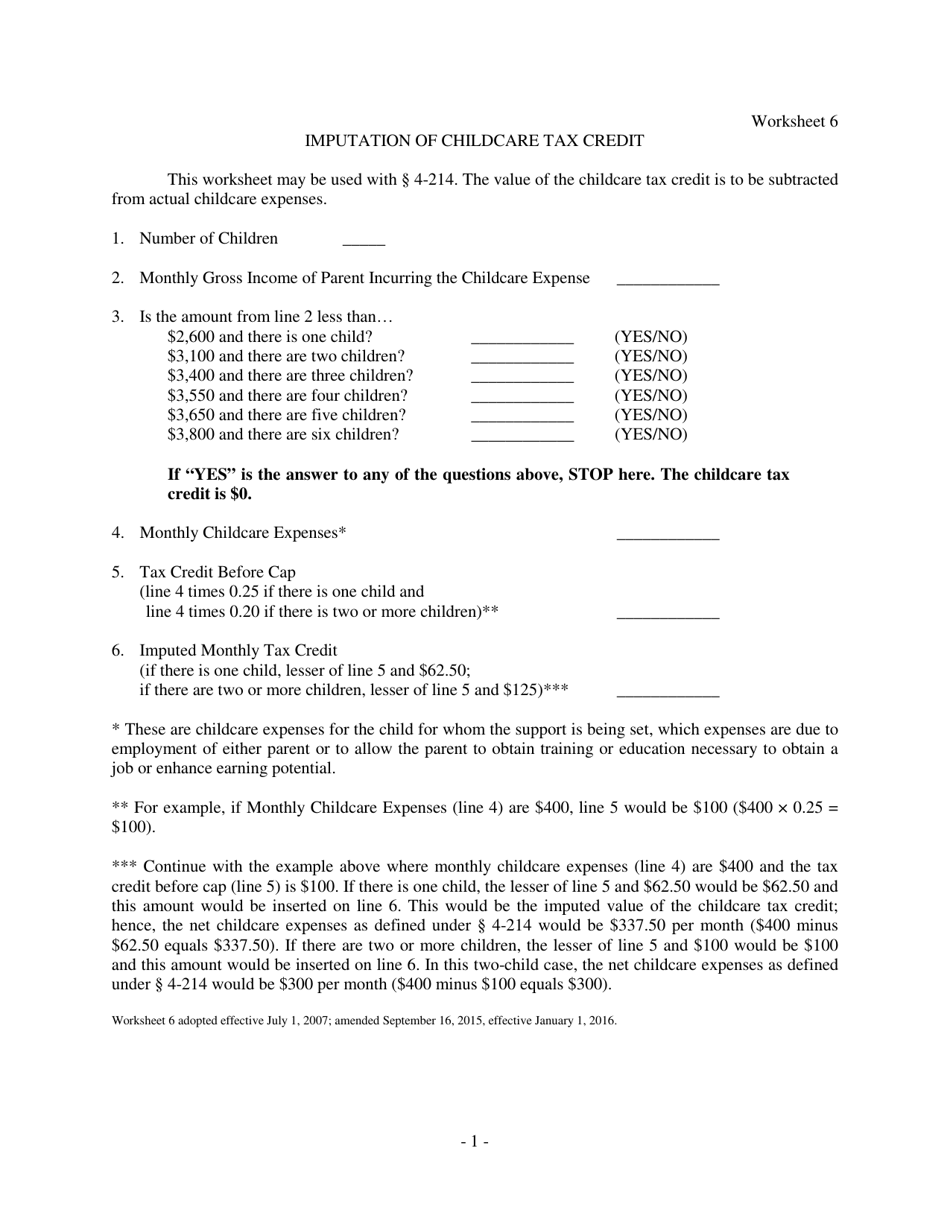 Worksheet 6 Imputation of Childcare Tax Credit - Nebraska, Page 1