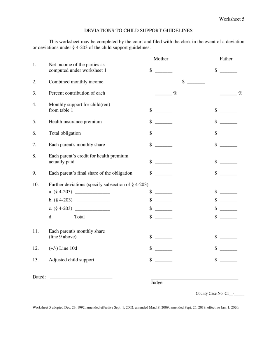 Worksheet 5 Deviations to Child Support Guidelines - Nebraska, Page 1