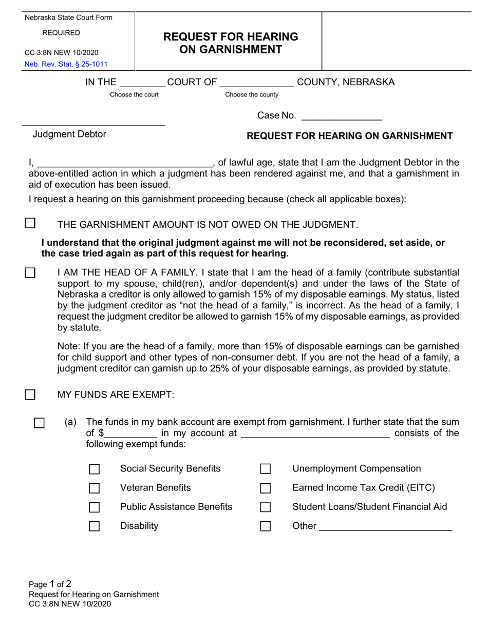 Form CC3:8N Request for Hearing on Garnishment - Nebraska, Page 1