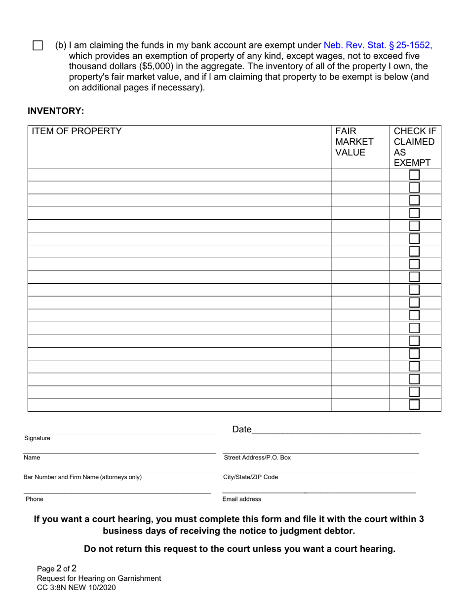 Form CC3:8N Request for Hearing on Garnishment - Nebraska, Page 2
