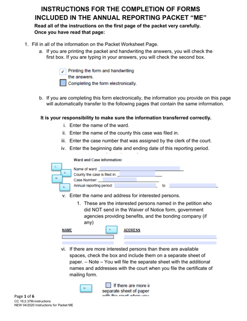 Instructions for Form CC16:2.37M Packet Me - Guardianship for a Minor With No Control Over the Estate of the Minor Ward Annual Report - Nebraska