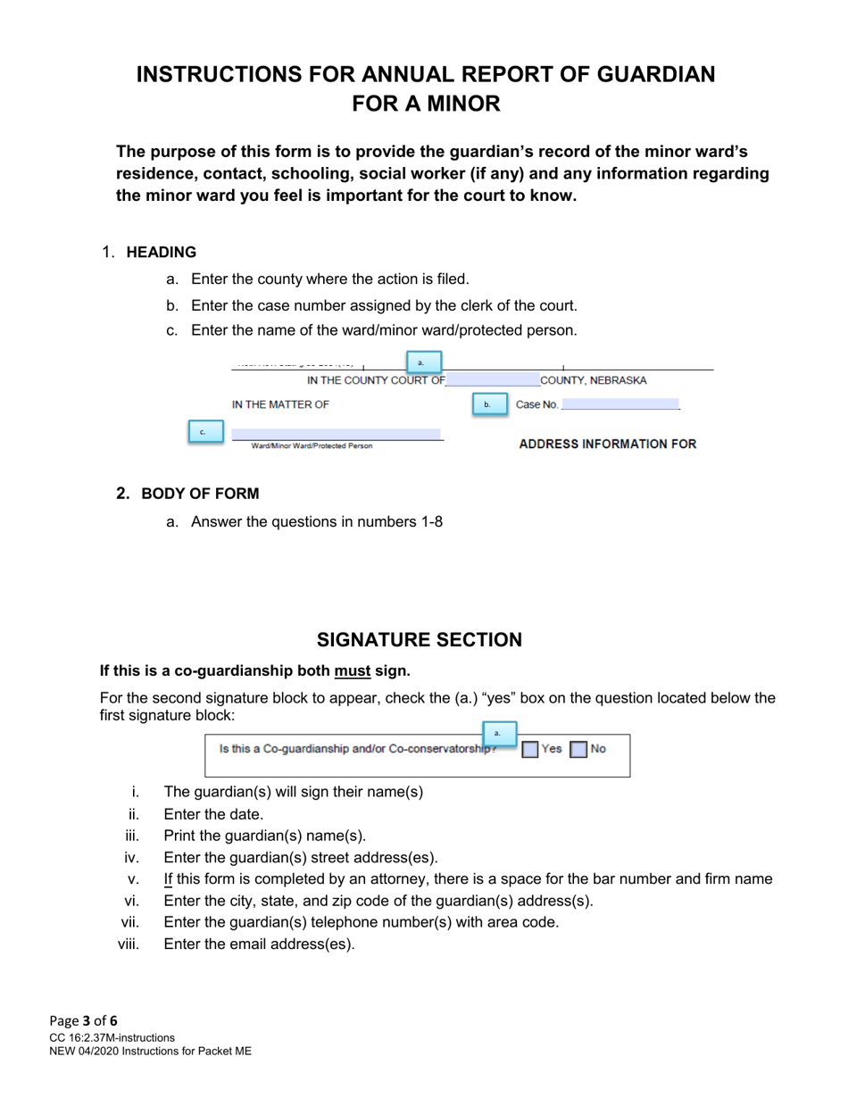 Instructions for Form CC16:2.37M Packet Me - Guardianship for a Minor With No Control Over the Estate of the Minor Ward Annual Report - Nebraska, Page 3