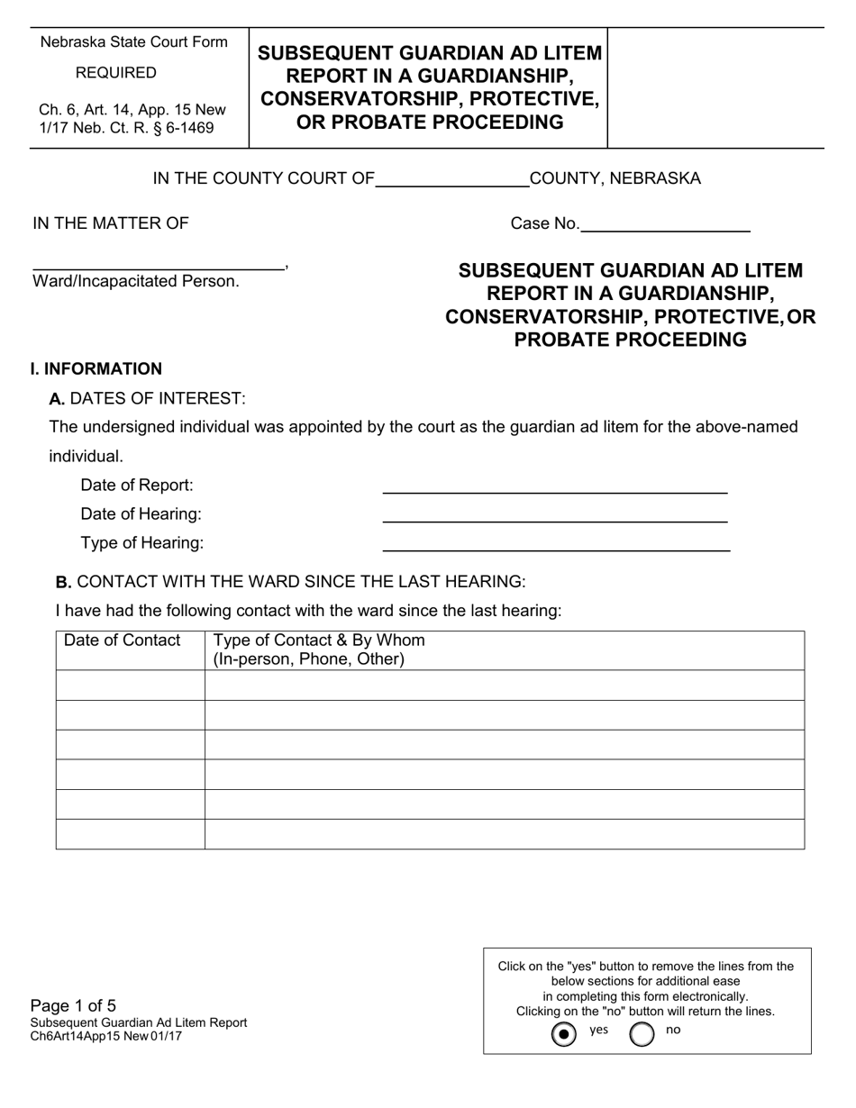 Form CH6ART14APP15 Subsequent Guardian Ad Litem Report in a Guardianship, Conservatorship, Protective, or Probate Proceeding - Nebraska, Page 1
