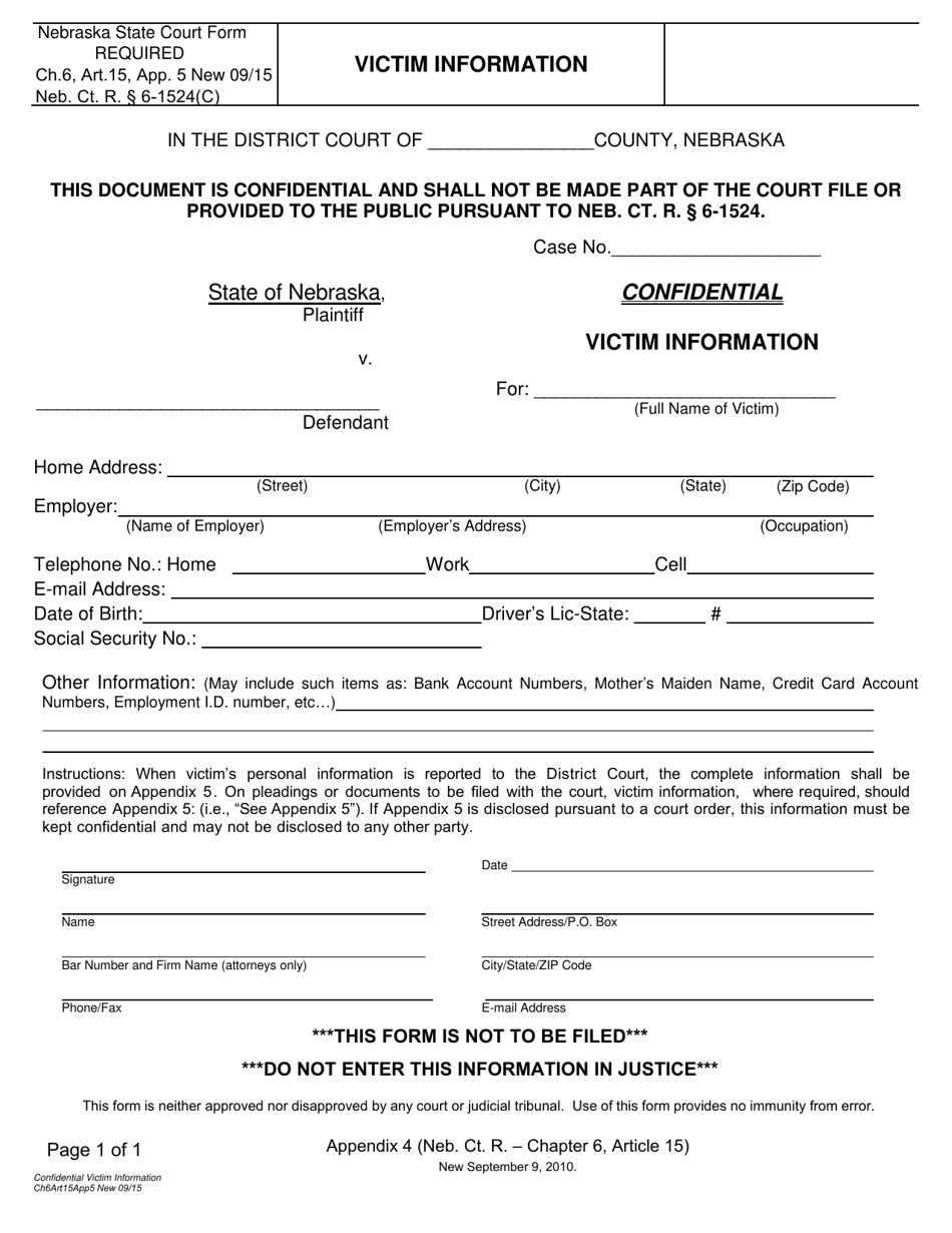 Form CH6ART15APP5 Victim Information - Nebraska, Page 1