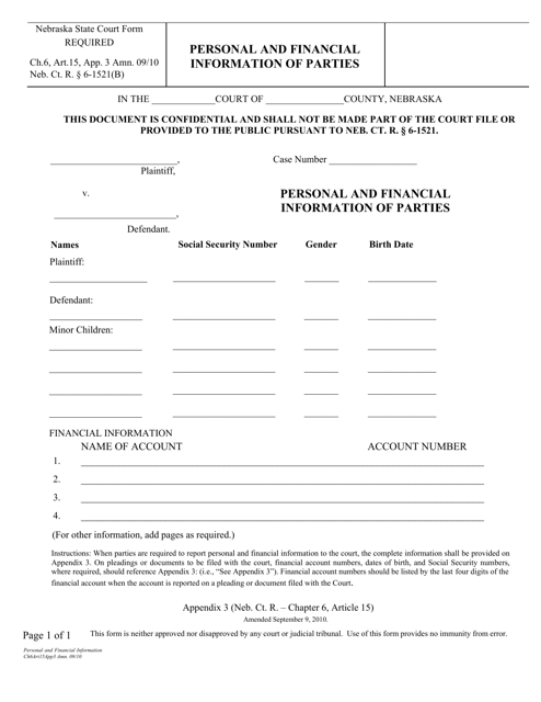 Form CH6ART15APP3 Personal and Financial Information of Parties - Nebraska
