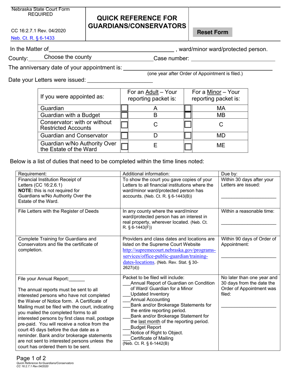 Form CC16:2.7.1 Quick Reference for Guardians / Conservators - Nebraska, Page 1