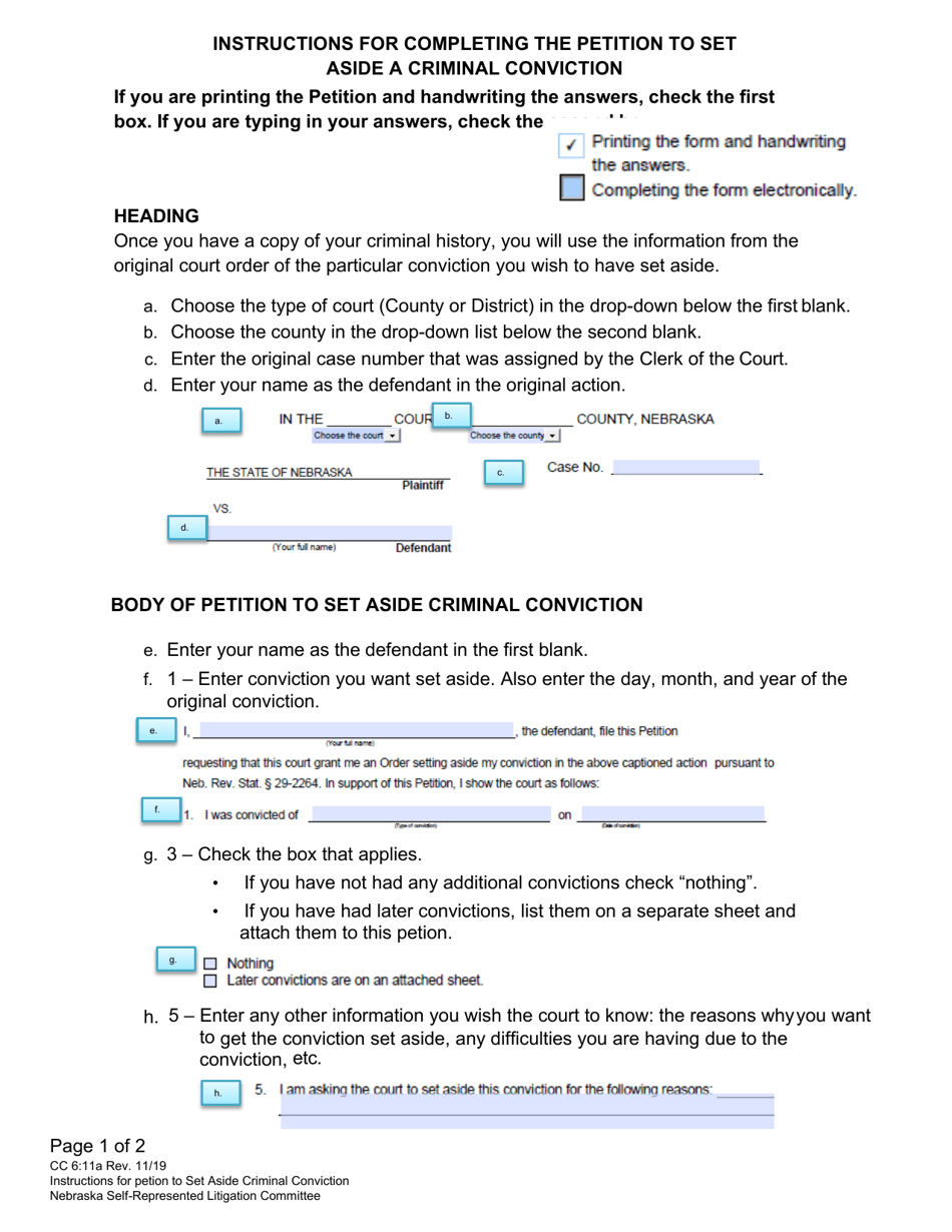 Instructions for Form CC6:11 Petition to Set Aside Criminal Conviction - Nebraska, Page 1