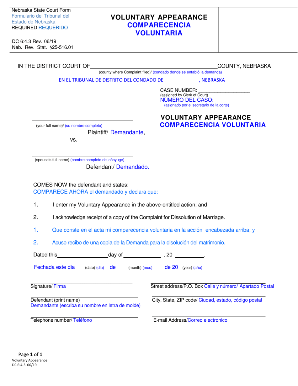 Form DC6:4.3 Voluntary Appearance - Nebraska (English / Spanish), Page 1