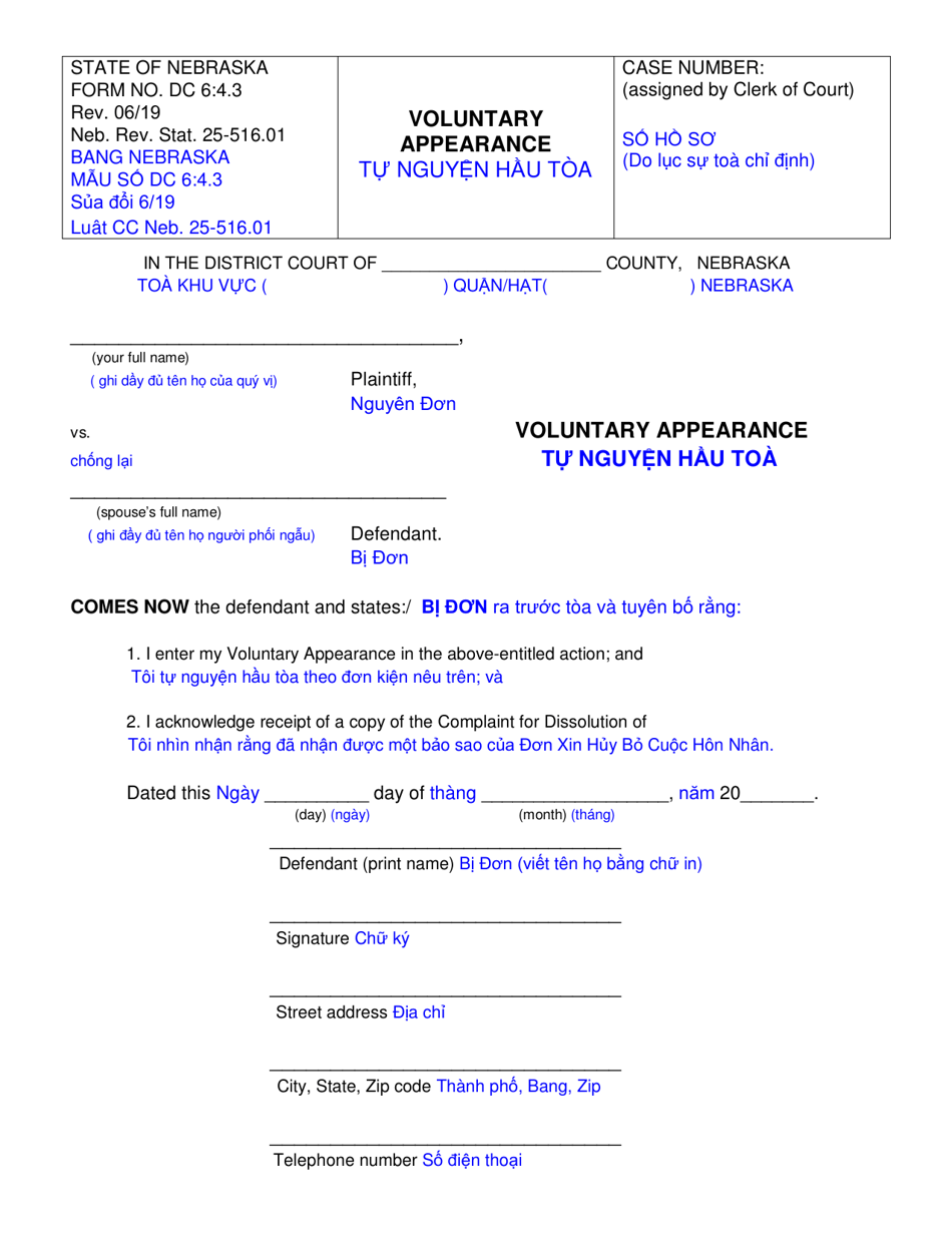 Form DC6:4.3 Voluntary Appearance - Nebraska (English / Vietnamese), Page 1