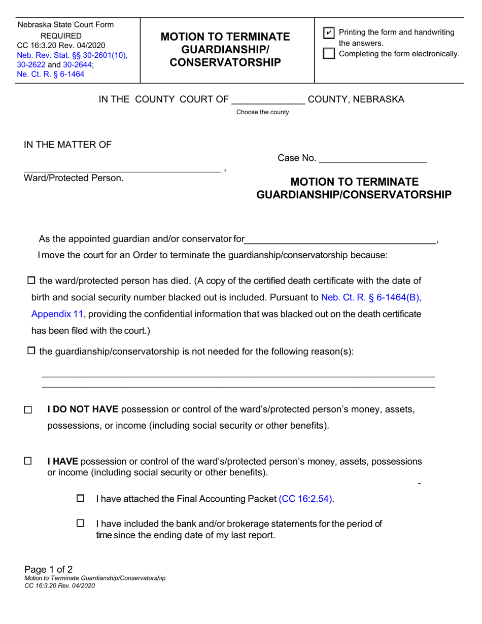 Form CC16:3.20 Motion to Terminate Guardianship / Conservatorship - Nebraska, Page 1