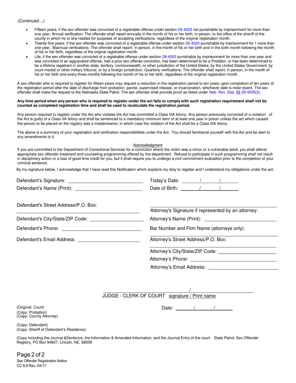Form CC6:9 Notification of Registration Responsibilities Under Nebraska Sex Offender Registration Act - Nebraska, Page 2