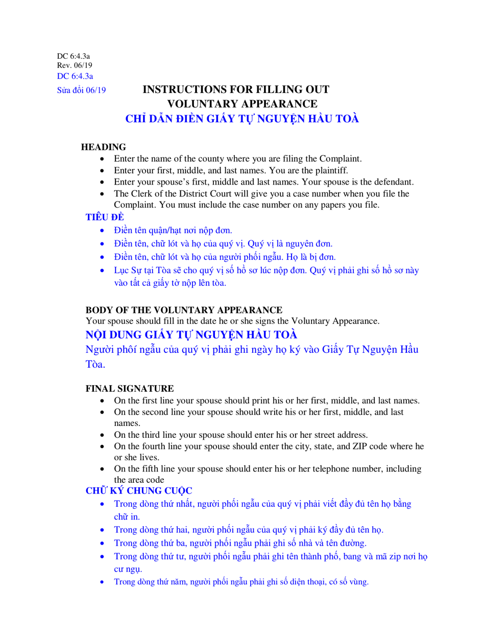 Instructions for Form DC6:4.3 Voluntary Appearance - Nebraska (English / Vietnamese), Page 1