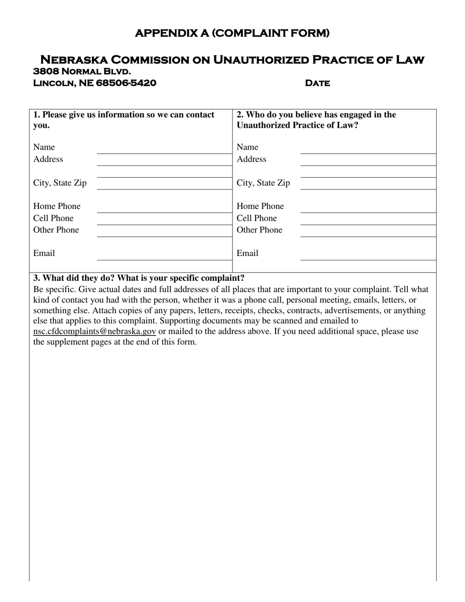 Appendix A Complaint Form - Nebraska, Page 1