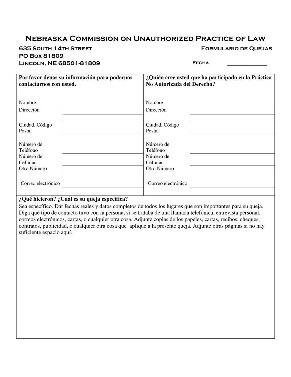 Formulario De Quejas - Nebraska (Spanish), Page 1