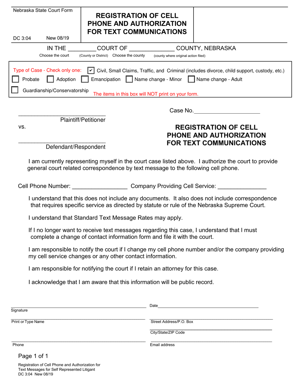 Form DC3:04 Registration of Cell Phone and Authorization for Text Communications - Nebraska, Page 1