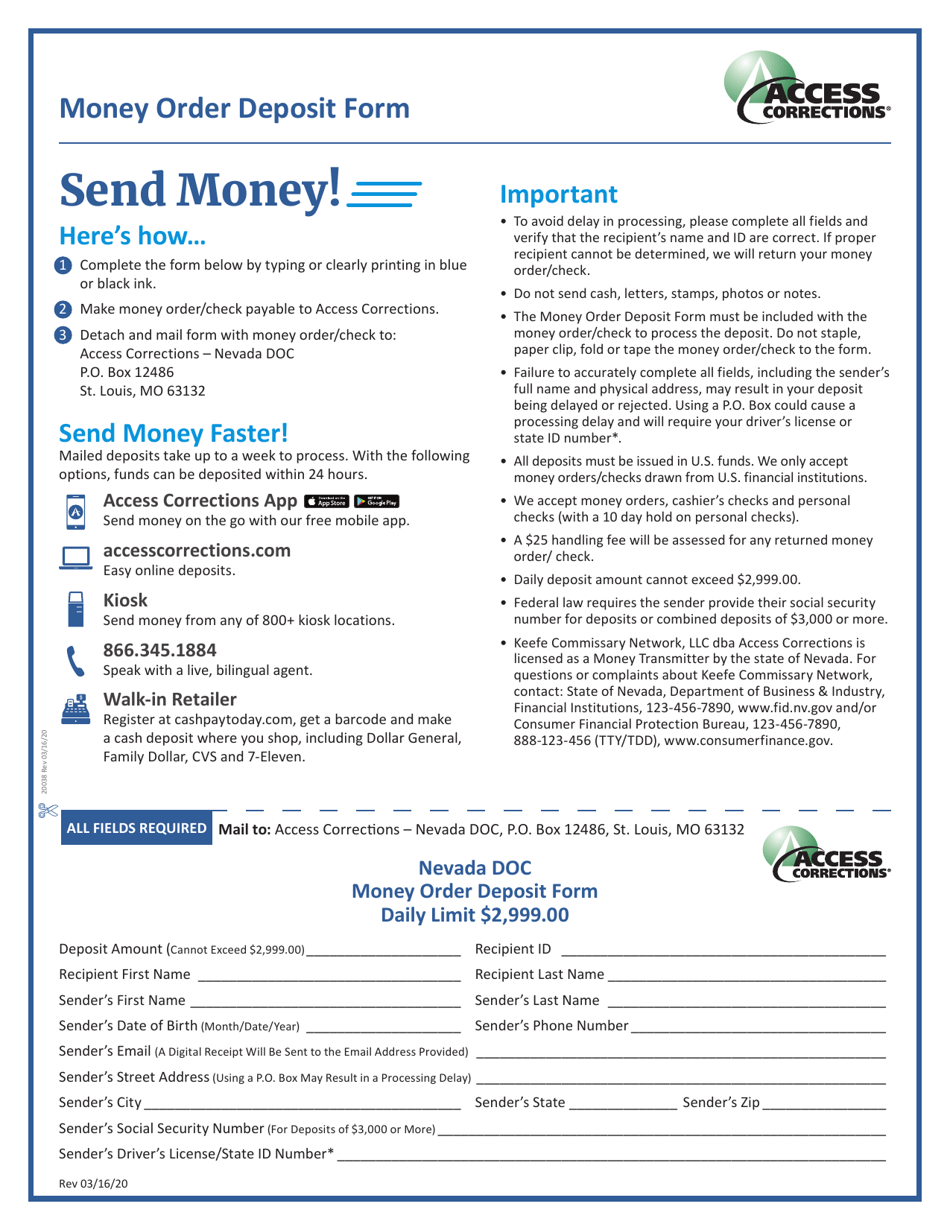 Money Order Deposit Form - Nevada (English / Spanish), Page 1