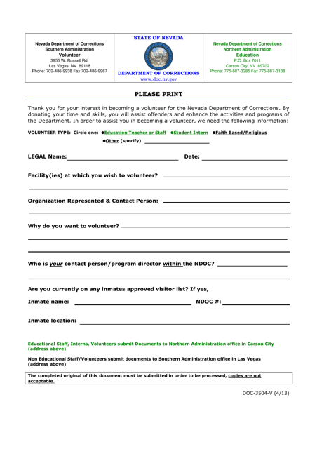 Form DOC-3504-V Volunteer Application Form - Nevada