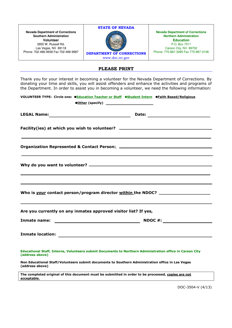 Form DOC-3504-V Volunteer Application Form - Nevada, Page 1