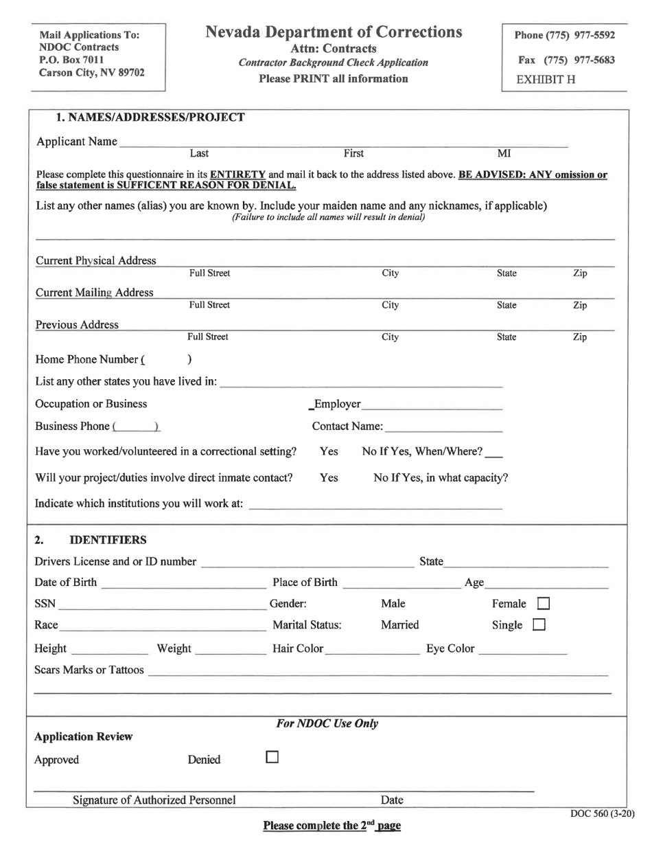 Form DOC560 Exhibit H Contractor Background Check Application - Nevada, Page 1