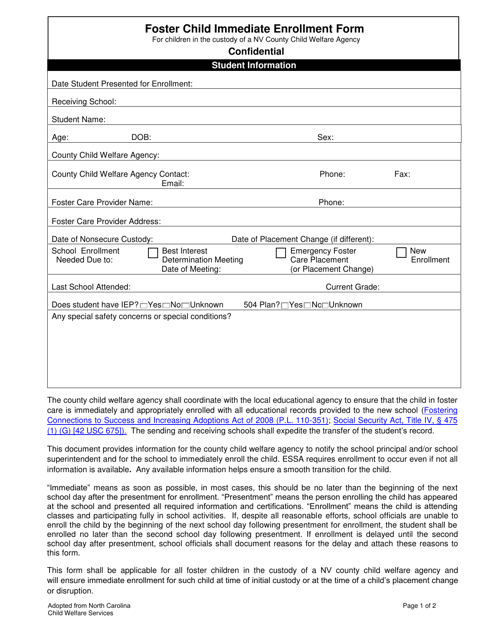 Foster Child Immediate Enrollment Form for Children in the Custody of a Nv County Child Welfare Agency - New Hampshire Download Pdf