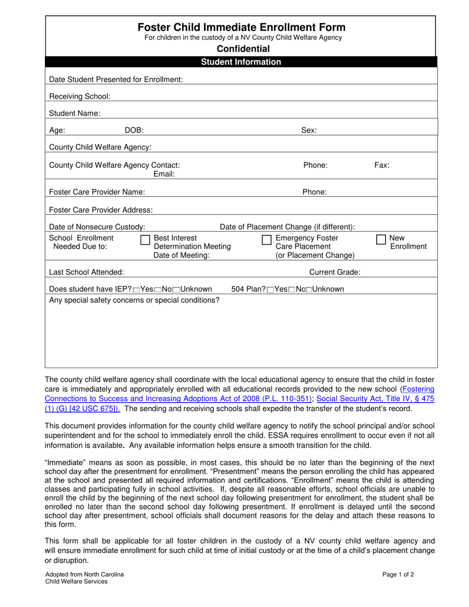 Foster Child Immediate Enrollment Form for Children in the Custody of a Nv County Child Welfare Agency - New Hampshire, Page 1