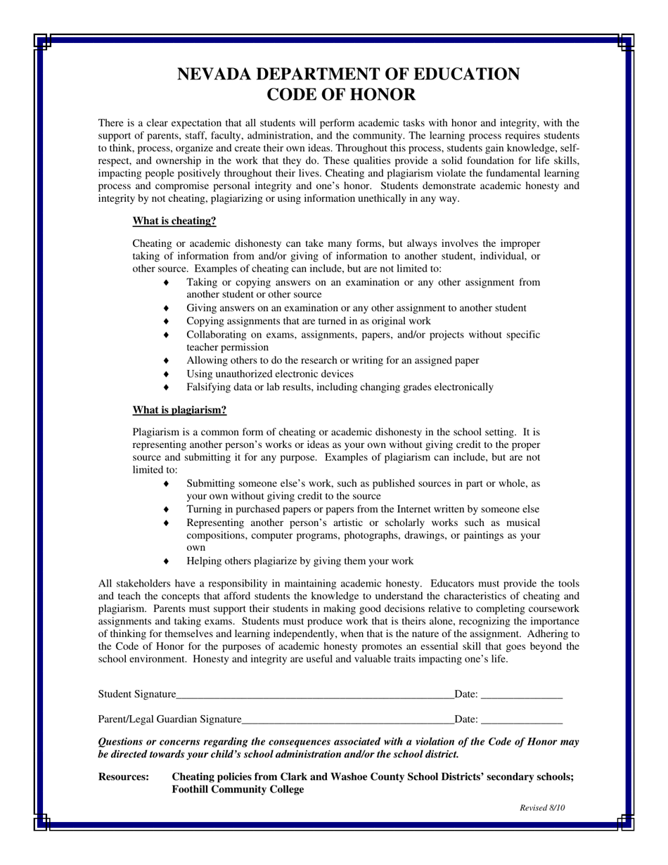 Nevada Code of Honor - Fill Out, Sign Online and Download PDF ...