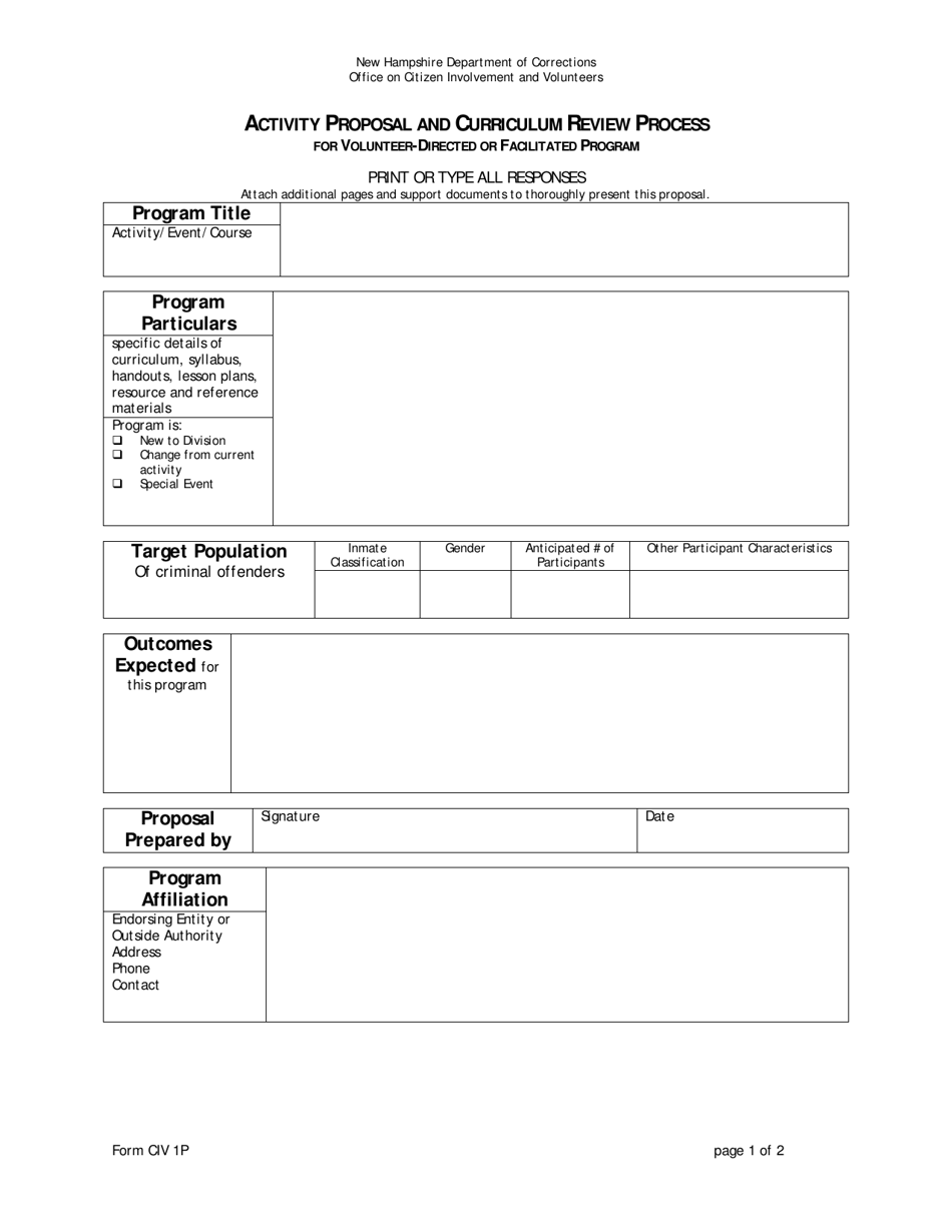 Form CIV1P Activity Proposal and Curriculum Review Process for Volunteer-Directed or Facilitated Program - New Hampshire, Page 1