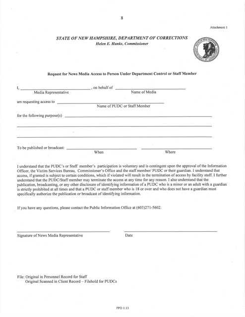 Attachment 1 Authorization for News Media Access to Person Under Department Control or Staff Member - New Hampshire